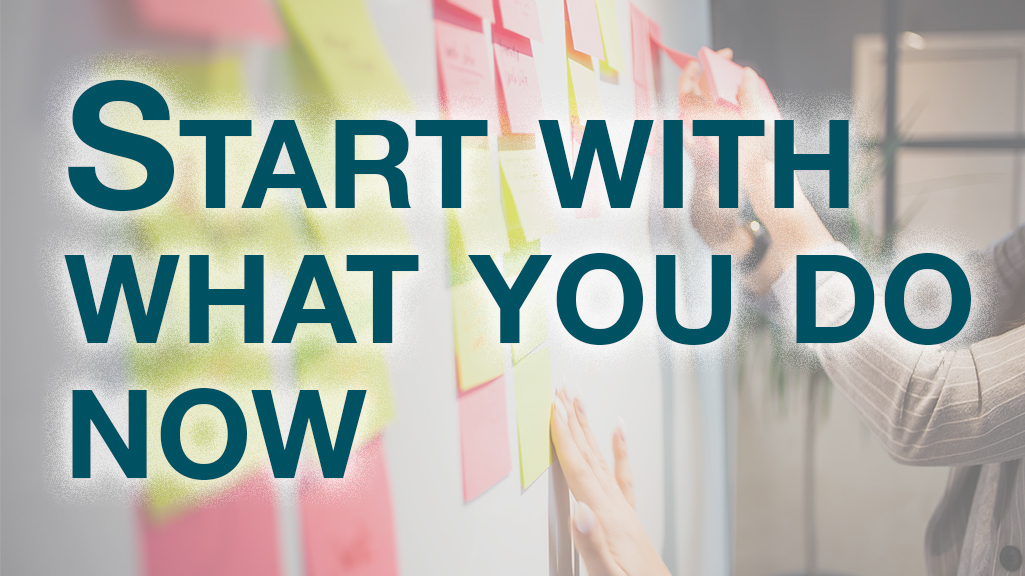 Start with what you do now, text over working kanban board, starting Kanban, Kanban certification, kanban training, Van Wray, lean kanban, kanban university, kanban maturity model, kanban system design, kanban change management